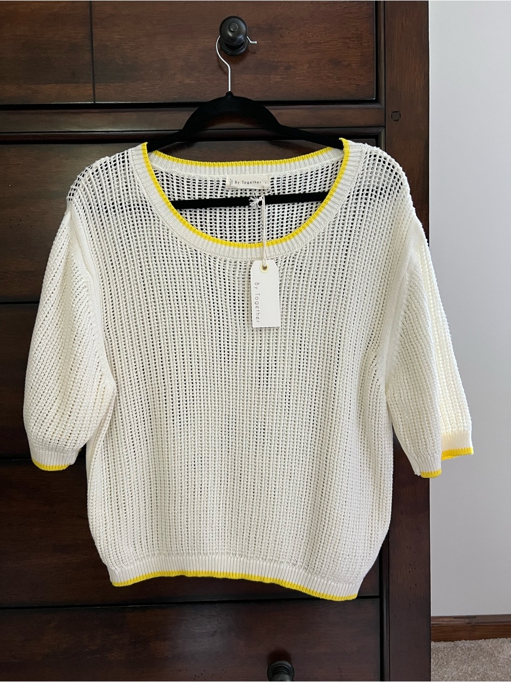 NWT By Together Large Off-White Open-Knit Scoop Neck Top with Yellow Trim